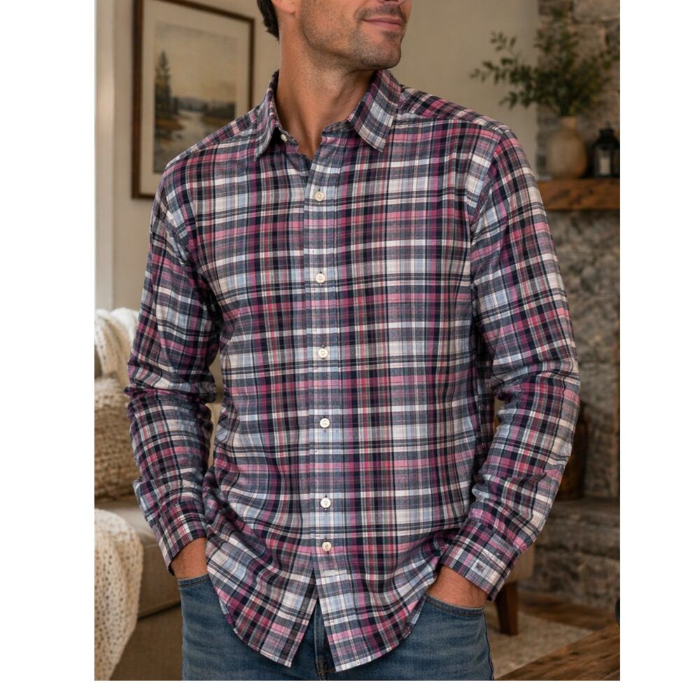 Hart Schaffner Marx Mens XL Plaid Button Down Shirt Pink Gray Cotton Long Sleeve